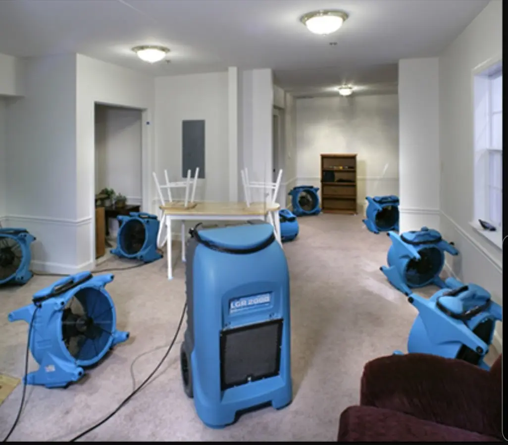 Air movers and dehumidifier setup for Water Damage Restoration in Tiburon